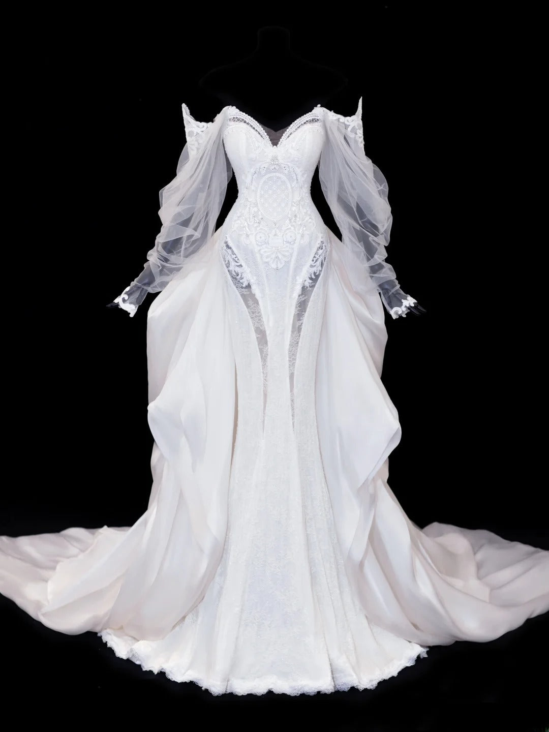 Elegantes, schulterfreies Meerjungfrauen-Brautkleid mit langen Ärmeln aus weißem Tüll und Spitze, Modell SA102