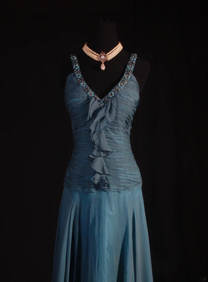 Robe de soirée longue chic sirène en mousseline avec perles et col en V AS102