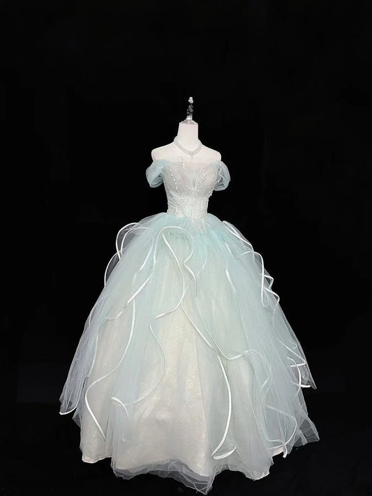 Süßes schulterfreies Ballkleid aus blauem Tüll mit Perlenbesatz, voluminöses Quinceanera-Kleid für Sweet 16, Vestido de 15 RB7472