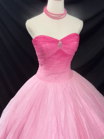 Bescheidenes Ballkleid, herzförmig, rosa, ärmellos, mit Perlenstickerei, Tüll, langes Quinceañera-Kleid, Sweet 16 Kleider, Vestido de 15 de Cenicienta RB3565