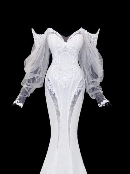 Elegantes, schulterfreies Meerjungfrauen-Brautkleid mit langen Ärmeln aus weißem Tüll und Spitze, Modell SA102
