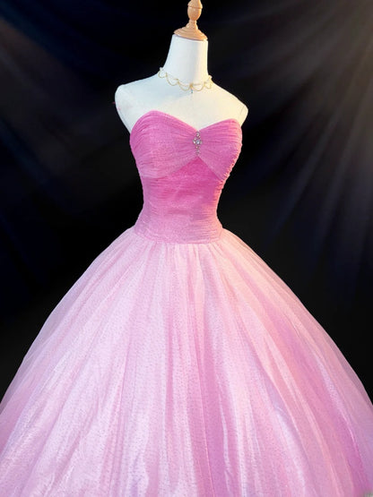 Bescheidenes Ballkleid, herzförmig, rosa, ärmellos, mit Perlenstickerei, Tüll, langes Quinceañera-Kleid, Sweet 16 Kleider, Vestido de 15 de Cenicienta RB3565