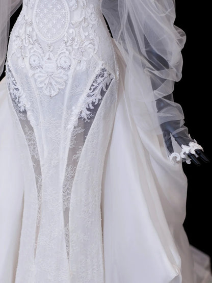 Elegantes, schulterfreies Meerjungfrauen-Brautkleid mit langen Ärmeln aus weißem Tüll und Spitze, Modell SA102