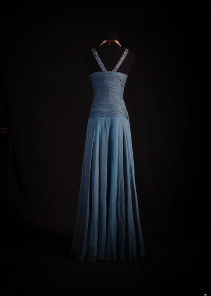 Robe de soirée longue chic sirène en mousseline avec perles et col en V AS102
