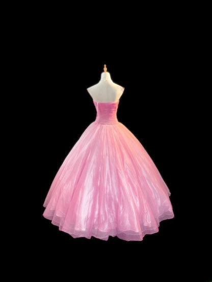 Bescheidenes Ballkleid, herzförmig, rosa, ärmellos, mit Perlenstickerei, Tüll, langes Quinceañera-Kleid, Sweet 16 Kleider, Vestido de 15 de Cenicienta RB3565