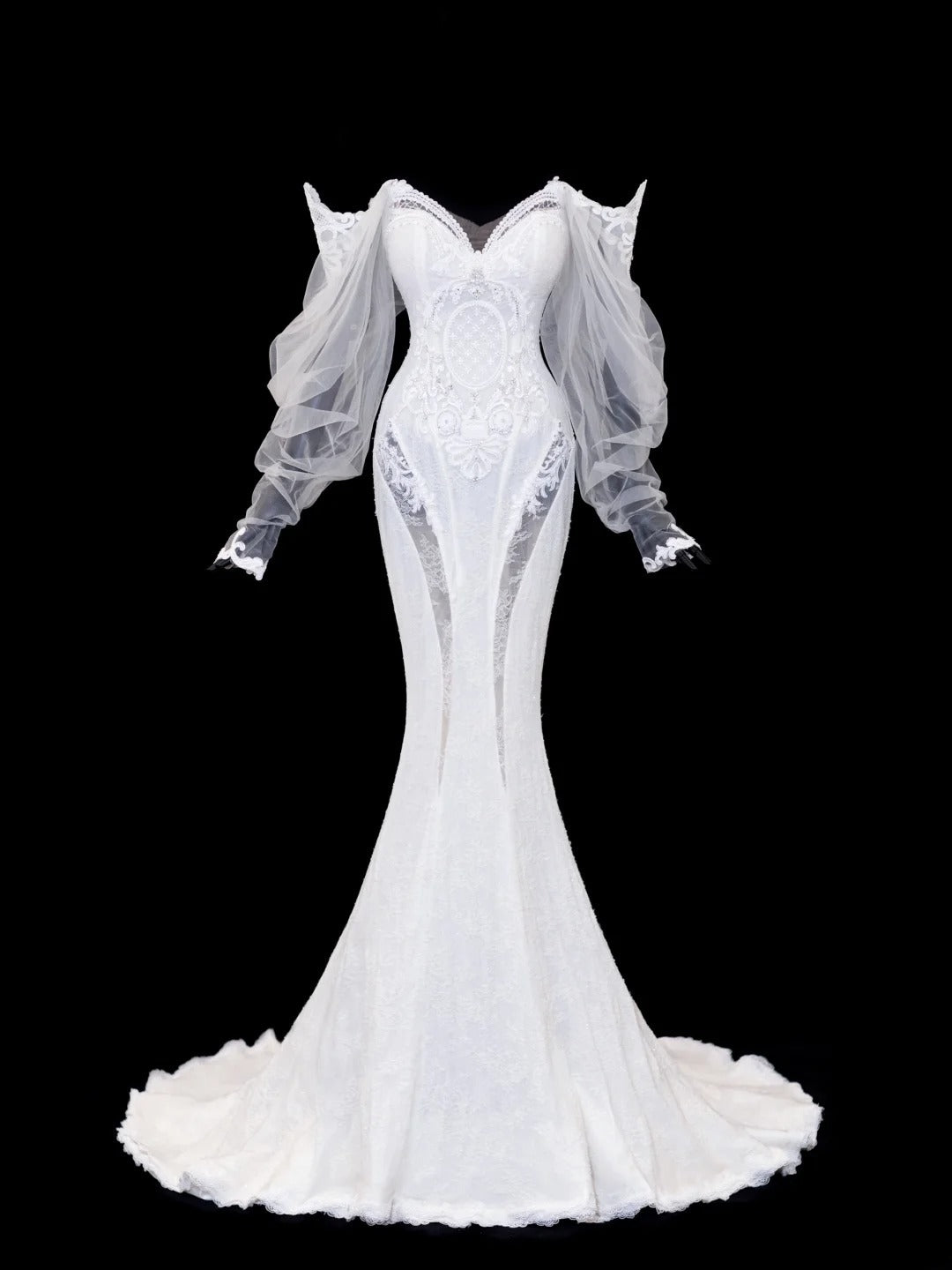 Elegantes, schulterfreies Meerjungfrauen-Brautkleid mit langen Ärmeln aus weißem Tüll und Spitze, Modell SA102