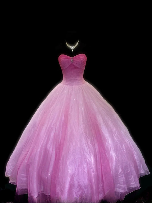 Bescheidenes Ballkleid Sweetheart Pink Ärmellos mit Perlenstickerei Tüll Lange Sweet 16 Kleider Siebzehn Quince Kleid RB3566