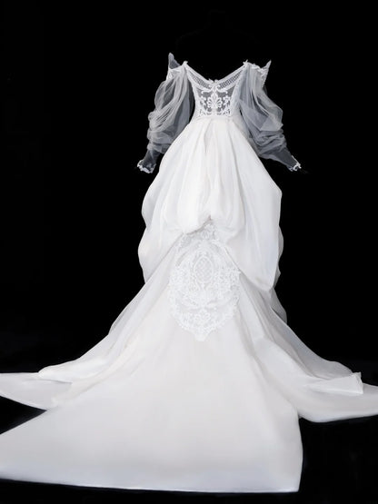 Elegantes, schulterfreies Meerjungfrauen-Brautkleid mit langen Ärmeln aus weißem Tüll und Spitze, Modell SA102