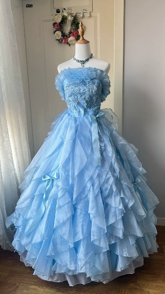 Dezentes, langes blaues Chiffonkleid für den 16. Geburtstag mit gestuften Lagen, Ballkleid für die Sweet-Sixteen-Party, RC0470