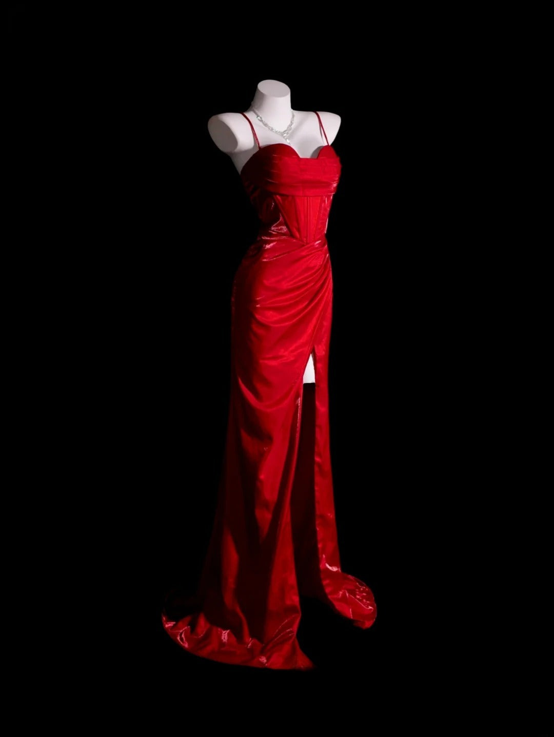 Red Prom Dress Inspo Mermaid Spaghetti Straps With Slit Modest Long Formal Party Gown RB9903