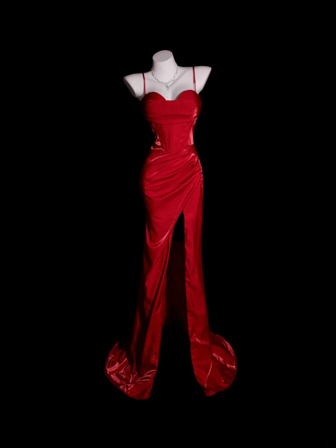 Red Prom Dress Inspo Mermaid Spaghetti Straps With Slit Modest Long Formal Party Gown RB9903