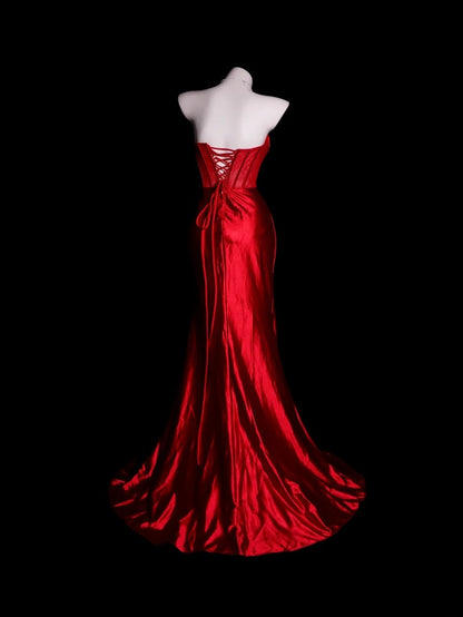 Red Prom Dress Inspo Mermaid Spaghetti Straps With Slit Modest Long Formal Party Gown RB9903