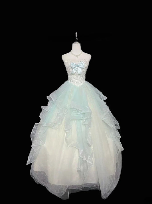 Niedliches Ballkleid mit herzförmigem Ausschnitt aus Tüll in Blau mit perlenbesetztem Oberteil, Quinceanera-Kleid, voluminöses Sweet 16 Outfit, Vestido de 15 RB7473