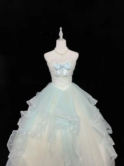 Cute Ball Gown Sweetheart Tulle Blue With Beaded Bodice Quince Dress Voluminous Sweet 16 Sweet Sixteen Outfits Vestido de 15 RB7473