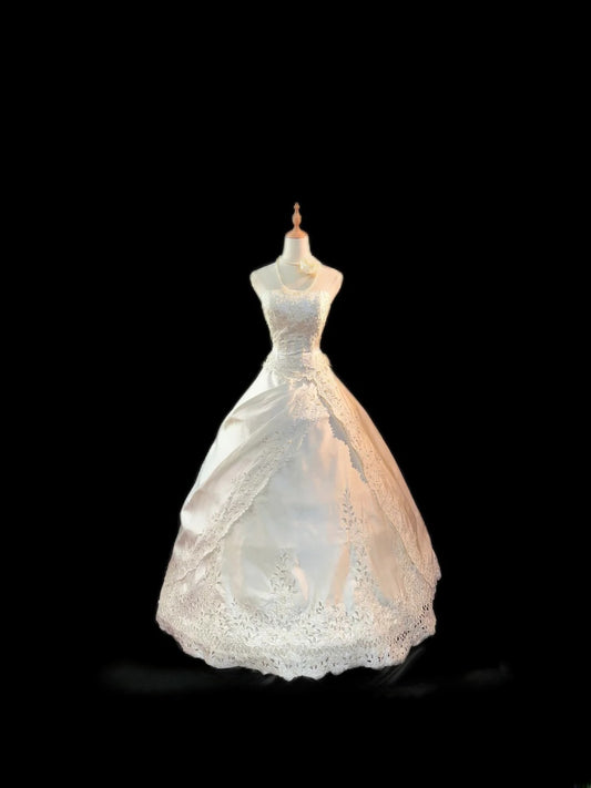 Vintage Style Ball Gown Strapless Taffeta White With Lace Brides Gown Bridal Dress Long Wedding Dresses RB5781