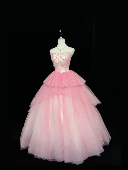 Princess Ball Gown Strapless Tulle Pink With Bow Quince Dress Voluminous Sweet 16 Sweet Sixteen Outfits Vestido de 15 RB7474