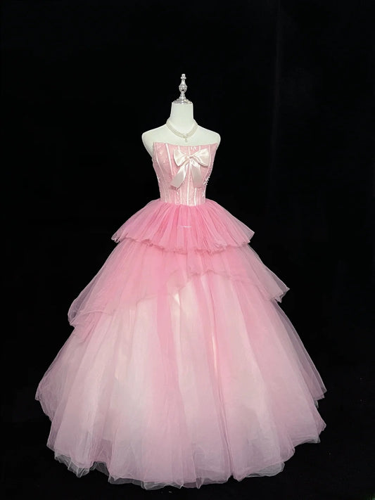 Prinzessinnen-Ballkleid trägerlos Tüll Pink mit Schleife Quince-Kleid voluminös Sweet 16 Outfits Vestido de 15 RB7474
