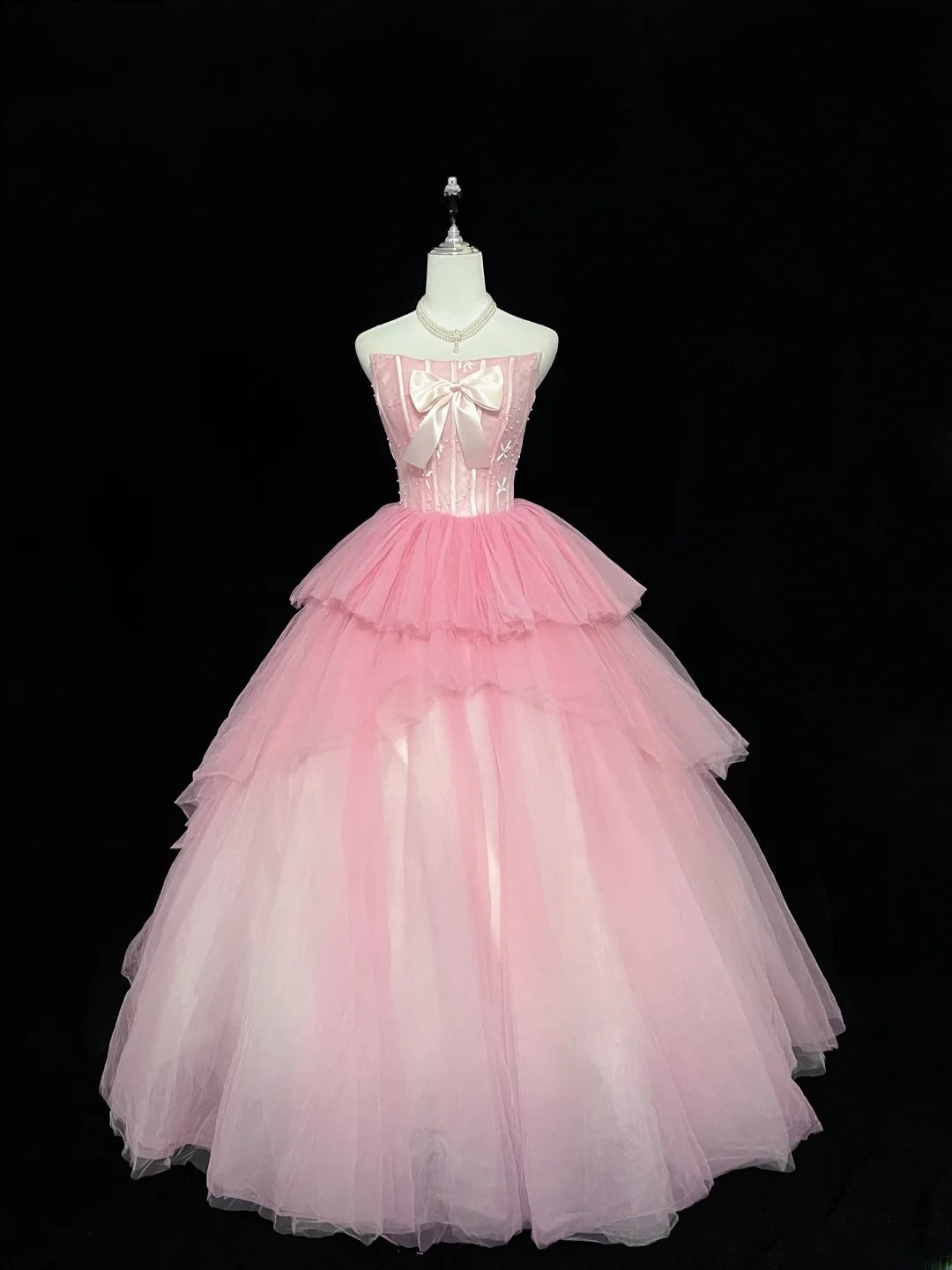 Princess Ball Gown Strapless Tulle Pink With Bow Quince Dress Voluminous Sweet 16 Sweet Sixteen Outfits Vestido de 15 RB7474