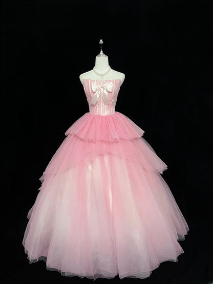 Princess Ball Gown Strapless Tulle Pink With Bow Quince Dress Voluminous Sweet 16 Sweet Sixteen Outfits Vestido de 15 RB7474