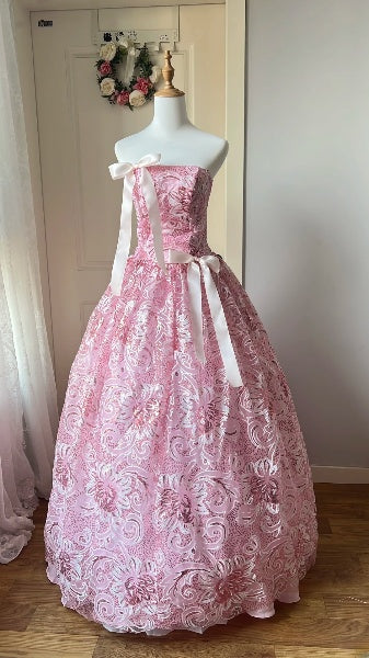 Modest Sweet 16 Dress Long Pink Lace With Bow-knot Ball Gown Sweet Sixteen Party Birthday Dresses RC0471