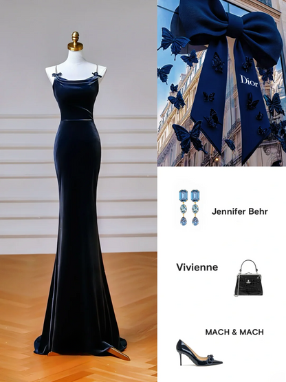 Classy Mermaid Spaghetti Straps Navy Blue With Bow Long Formal Prom Dresses Dance Night Outfits Party Gowns AQ105