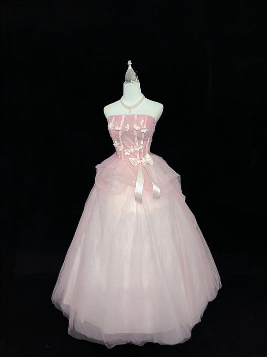 Prinzessinnen-Ballkleid trägerlos Tüll Pink mit Blumen Quinceañera-Kleid voluminös Sweet 16 Outfit Vestido de 15 RB7475