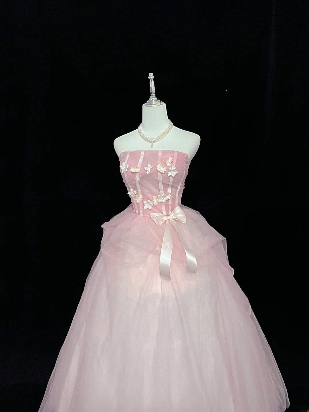 Princess Ball Gown Strapless Tulle Pink With Flowers Quince Dress Voluminous Sweet 16 Sweet Sixteen Outfits Vestido de 15 RB7475