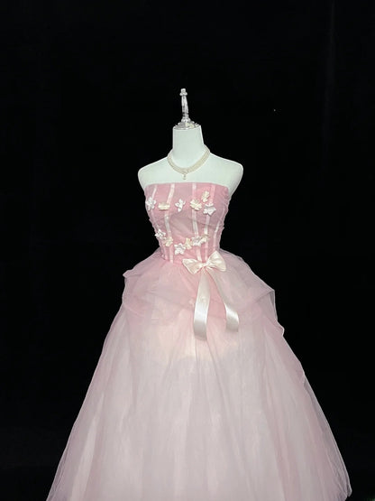Princess Ball Gown Strapless Tulle Pink With Flowers Quince Dress Voluminous Sweet 16 Sweet Sixteen Outfits Vestido de 15 RB7475