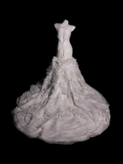 Princess Wedding Dress Mermaid Scoop Lace White With Tiered Layers Bridal Gown for Big Day RB9905