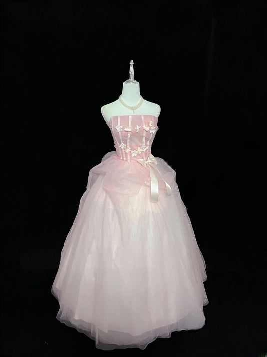 Prinzessinnen-Ballkleid trägerlos Tüll Pink mit Blumen Quinceañera-Kleid voluminös Sweet 16 Outfit Vestido de 15 RB7475