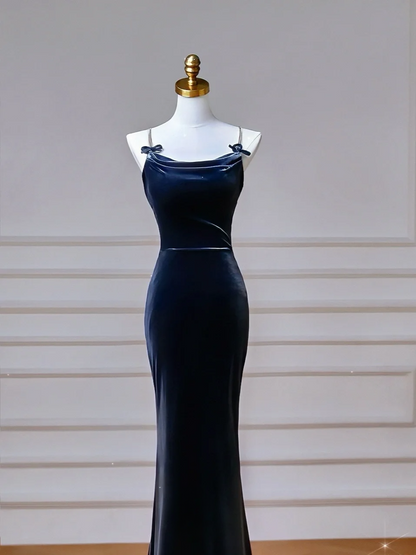 Classy Mermaid Spaghetti Straps Navy Blue With Bow Long Formal Prom Dresses Dance Night Outfits Party Gowns AQ105