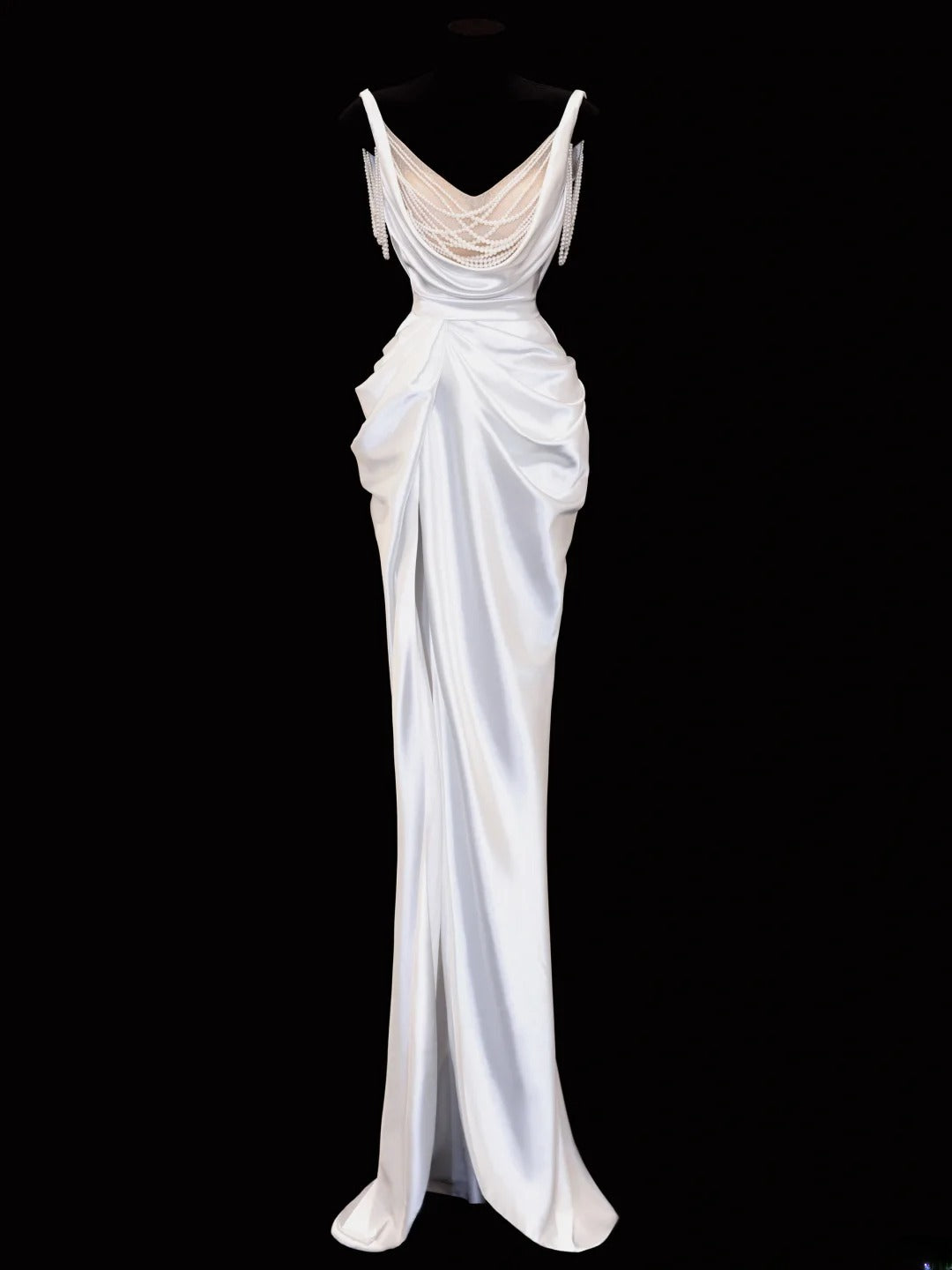 Zeitloses Brautkleid im romantischen Meerjungfrauen-Stil mit Spaghettiträgern, Perlen und Schlitz, weiß, auch in kleinen und großen Größen erhältlich (SA106)