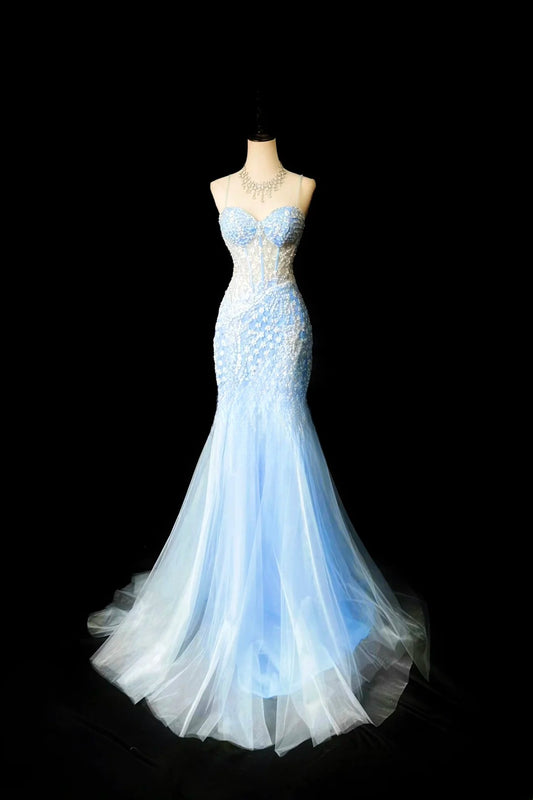 Vintage 70s Prom Dresses Mermaid Spaghetti Strap Light Blue With Sequin Flowers Long Evening Dress Formal Outfits RB5917