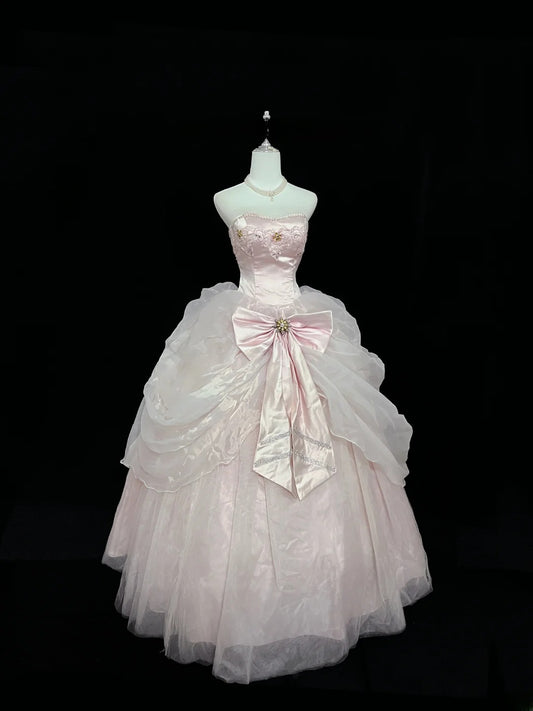 Prinzessinnen-Ballkleid trägerlos Organza Rosa mit Schleife Quince-Kleid voluminös Sweet 16 Sweet Sixteen Outfits Vestido de 15 RB7476