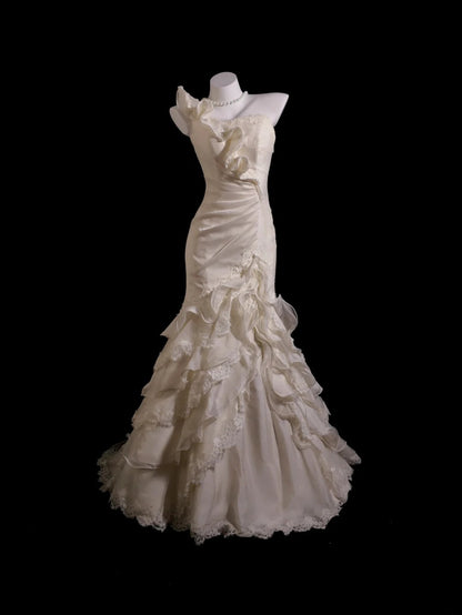Princess Wedding Dress Mermaid One Shoulder Lace Cream Ivory With Tiered Layers Bridal Gown for Big Day RB9906