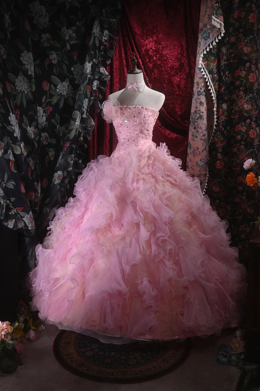 Cute Ball Gown Strapless Pink Tulle With Beading Tiered Long Quince Dress Quinceanera Dresses Formal Birthday Outfits RB8122