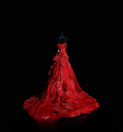 Vintage Mermaid Strapless Red With Tiered Layers Long Prom Dress Formal Dress Party Dresses RB7091