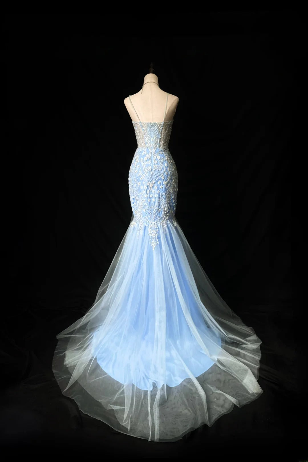 Vintage 70s Prom Dresses Mermaid Spaghetti Strap Light Blue With Sequin Flowers Long Evening Dress Formal Outfits RB5917
