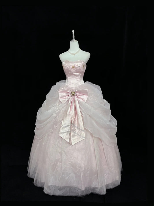 Prinzessinnen-Ballkleid trägerlos Organza Rosa mit Schleife Quince-Kleid voluminös Sweet 16 Sweet Sixteen Outfits Vestido de 15 RB7476