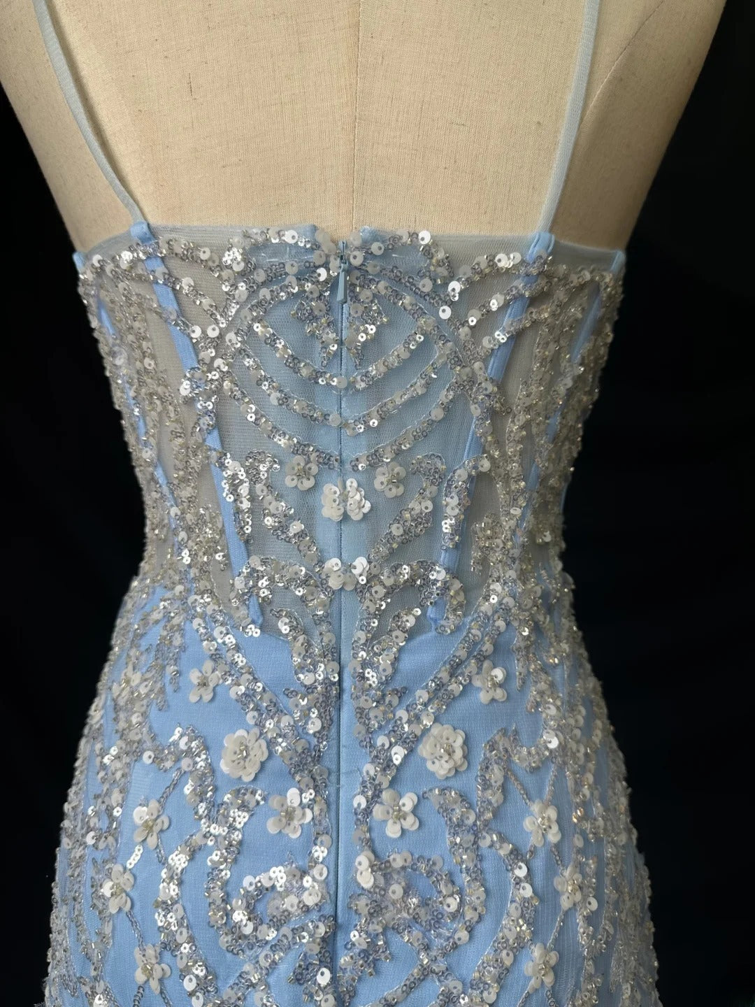Vintage 70s Prom Dresses Mermaid Spaghetti Strap Light Blue With Sequin Flowers Long Evening Dress Formal Outfits RB5917
