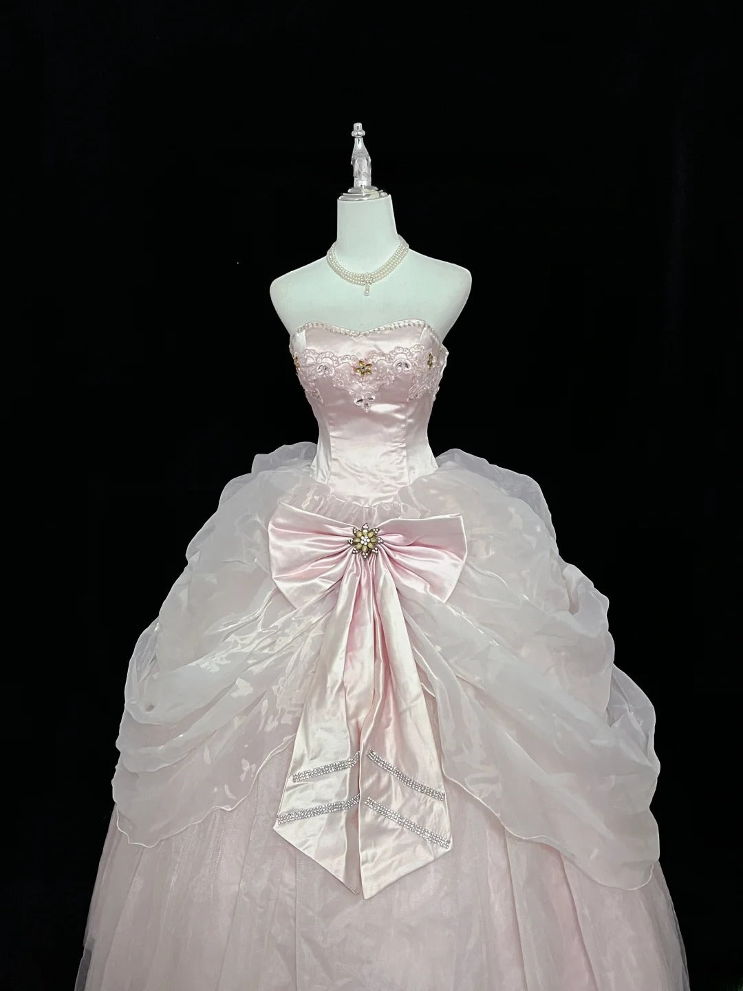 Princess Ball Gown Strapless Organza Pink With Bow-Knot Quince Dress Voluminous Sweet 16 Sweet Sixteen Outfits Vestido de 15 RB7476