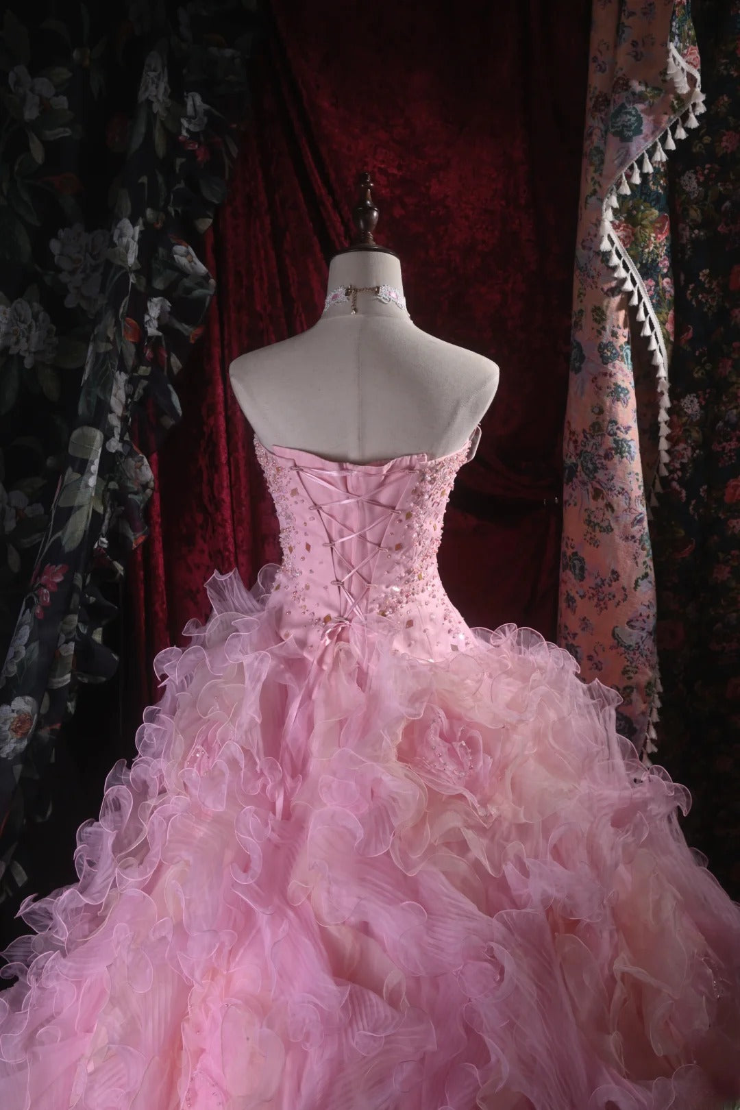 Cute Ball Gown Strapless Pink Tulle With Beading Tiered Long Quince Dress Quinceanera Dresses Formal Birthday Outfits RB8122