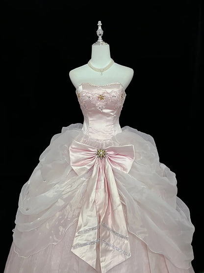 Princess Ball Gown Strapless Organza Pink With Bow-Knot Quince Dress Voluminous Sweet 16 Sweet Sixteen Outfits Vestido de 15 RB7476