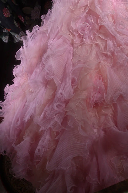 Cute Ball Gown Strapless Pink Tulle With Beading Tiered Long Quince Dress Quinceanera Dresses Formal Birthday Outfits RB8122