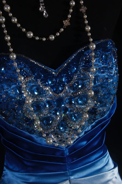 Vintage A-Linien-Cocktailkleid für Damen, herzförmiger Ausschnitt, blauer Ombré-Stil mit Perlenbesatz, langes Oberteil, Abendkleid, Abschlussballkleid AS107