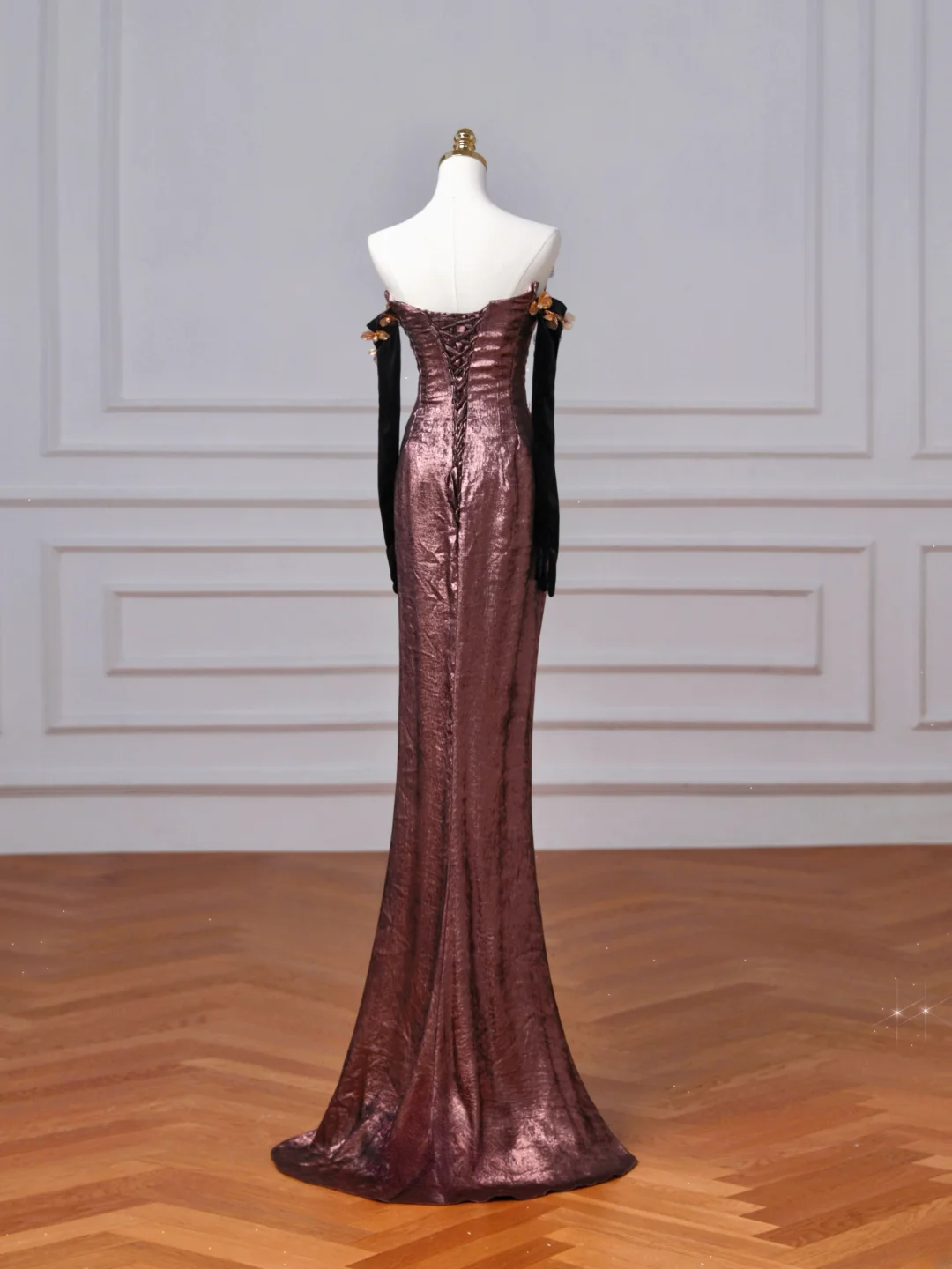 Robe de soirée sirène scintillante sans bretelles à sequins avec manches gants, longue et élégante, idéale pour un bal de promo ou un dîner. AQ107