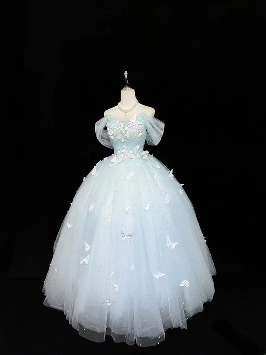 Süßes Ballkleid schulterfrei hellblau aus Tüll mit Perlen Quince Kleid voluminöse Ideen Sweet 16 Quinceanera Kleider Vestido de 15 RB7477