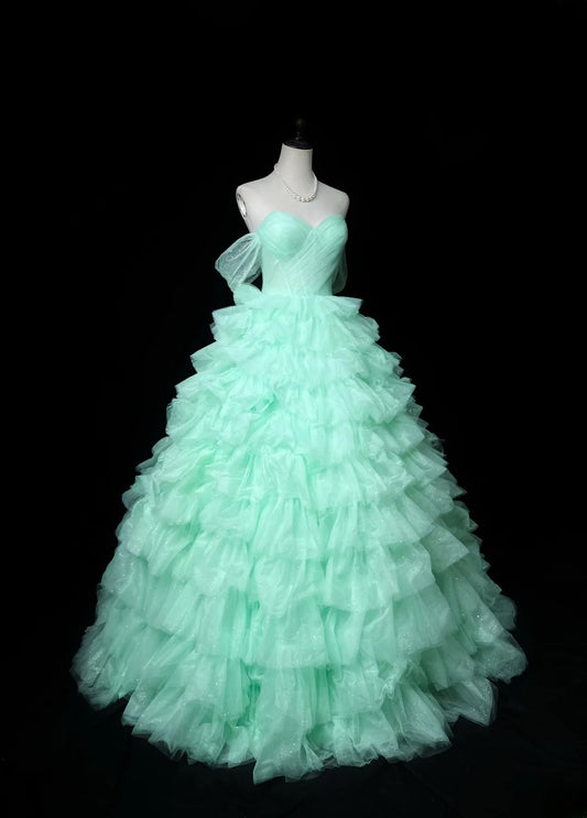 Pretty Ball Gown Off The Shoulder Tulle Mint Green With Sleeves Long 15 Quinceanera Dresses Photo Ideas Formal Outfit RB5918