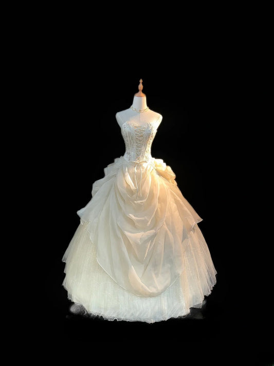 Vintage Style Ball Gown Sweetheart 1950s Satin White With Ruffled Brides Gown Bridal Dress Long Wedding Dresses RB5782