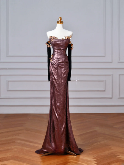 Robe de soirée sirène scintillante sans bretelles à sequins avec manches gants, longue et élégante, idéale pour un bal de promo ou un dîner. AQ107
